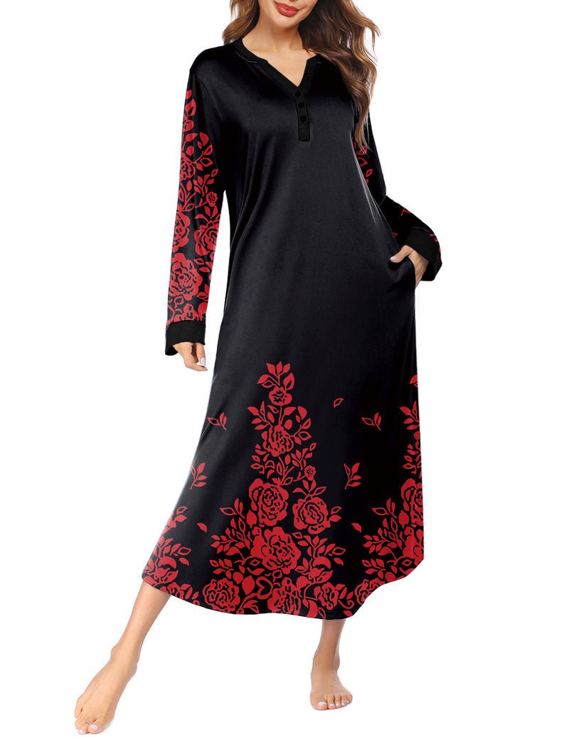 Black long nightshirt with red floral print, button V-neck, side pockets, long sleeves