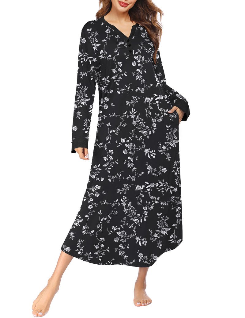 Black V-neck button nightshirt, long sleeve, full length, white floral pattern