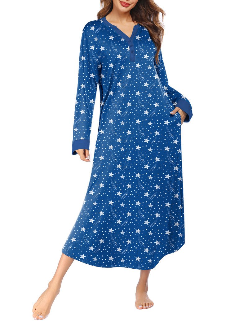 Blue button V-neck nightshirt with star print, long sleeves, side pockets