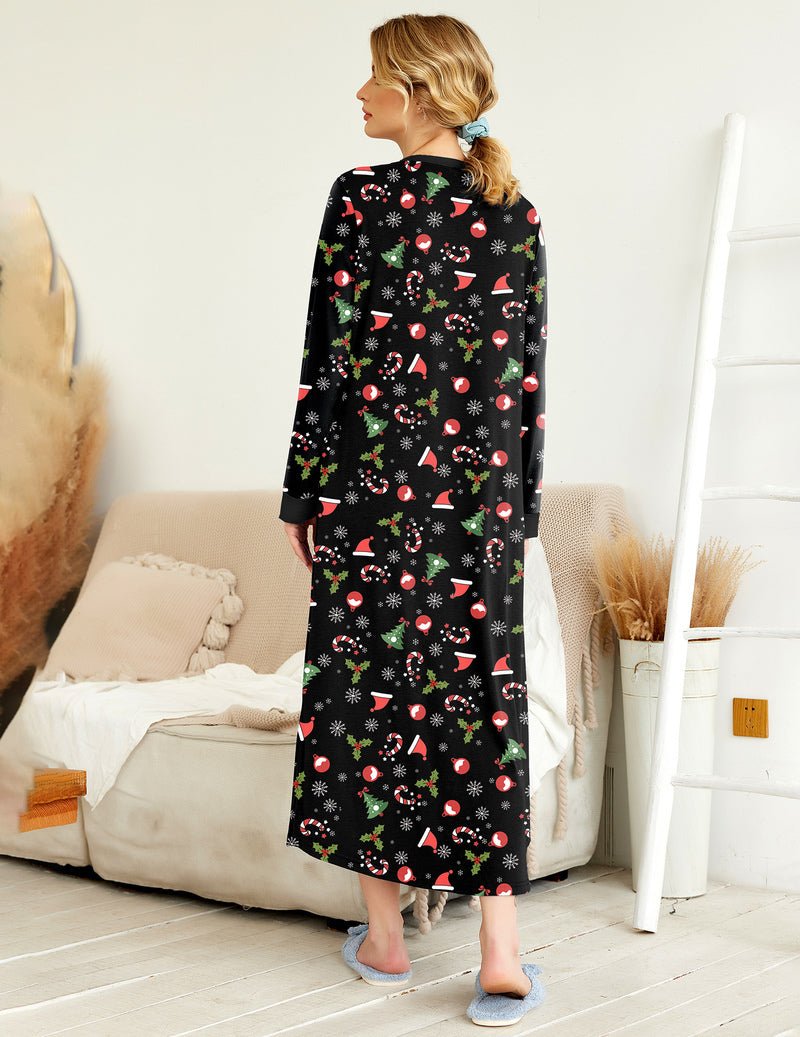 Back view: black long-sleeve button V-neck nightshirt with Christmas print
