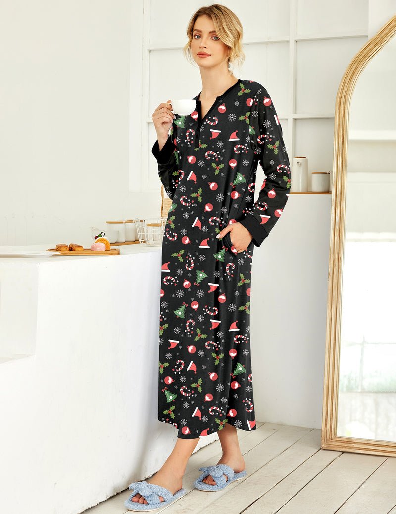 Black button V-neck nightshirt with colorful Christmas print, long sleeves, side pockets