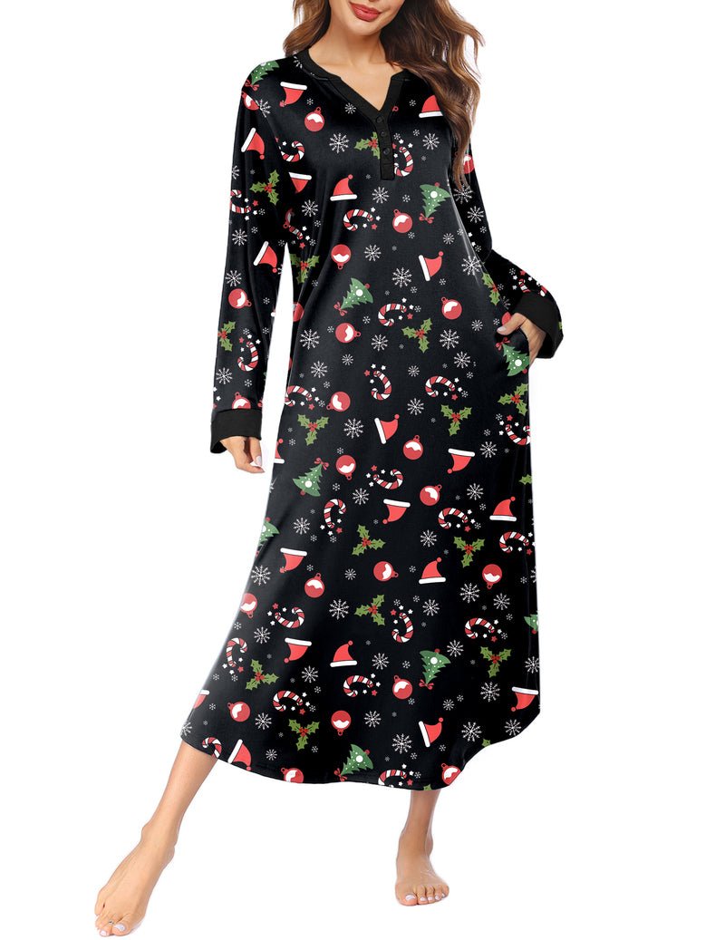 Black button V-neck nightshirt with Christmas icons print and side pockets, long sleeves