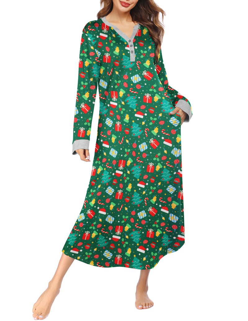 Green full-length button V-neck nightshirt with colorful gift pattern