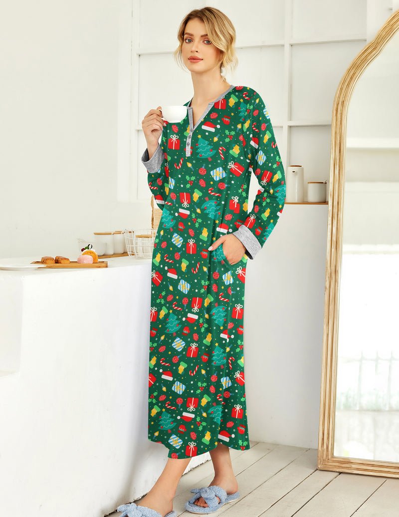 Green button V-neck sleepshirt, full length, with holiday gift-print allover