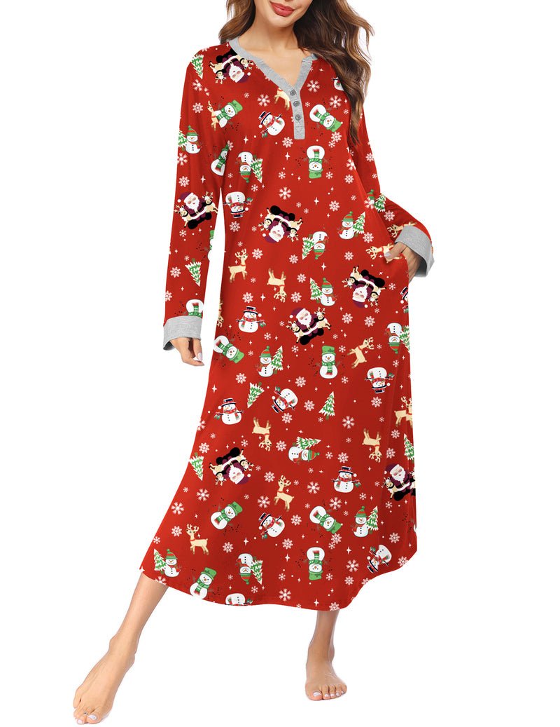 Full-length button V-neck nightshirt in Christmas red with snowman and reindeer motifs