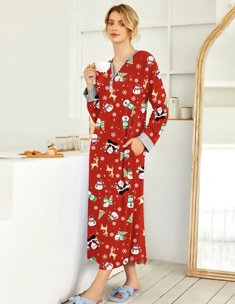Red full-length button V-neck sleepshirt with festive characters allover print