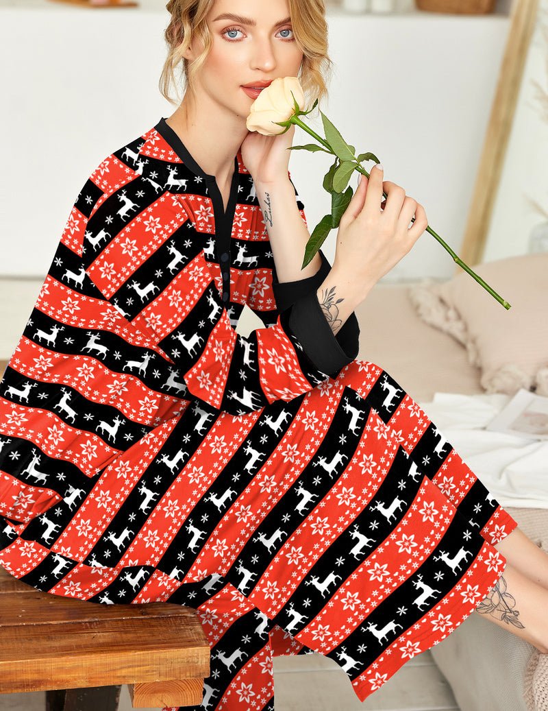 Close-up of full-length button V-neck nightshirt with red-and-black striped cat pattern