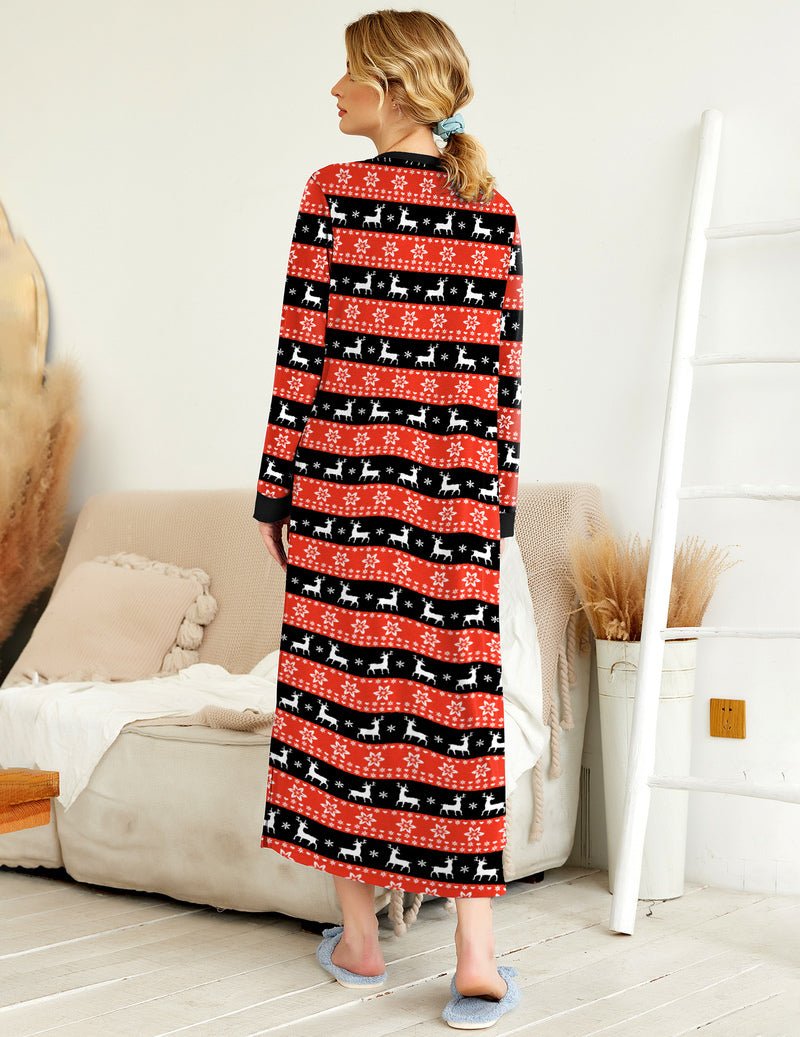 Back view: full-length button V-neck sleepshirt with striped cat motif in red/black
