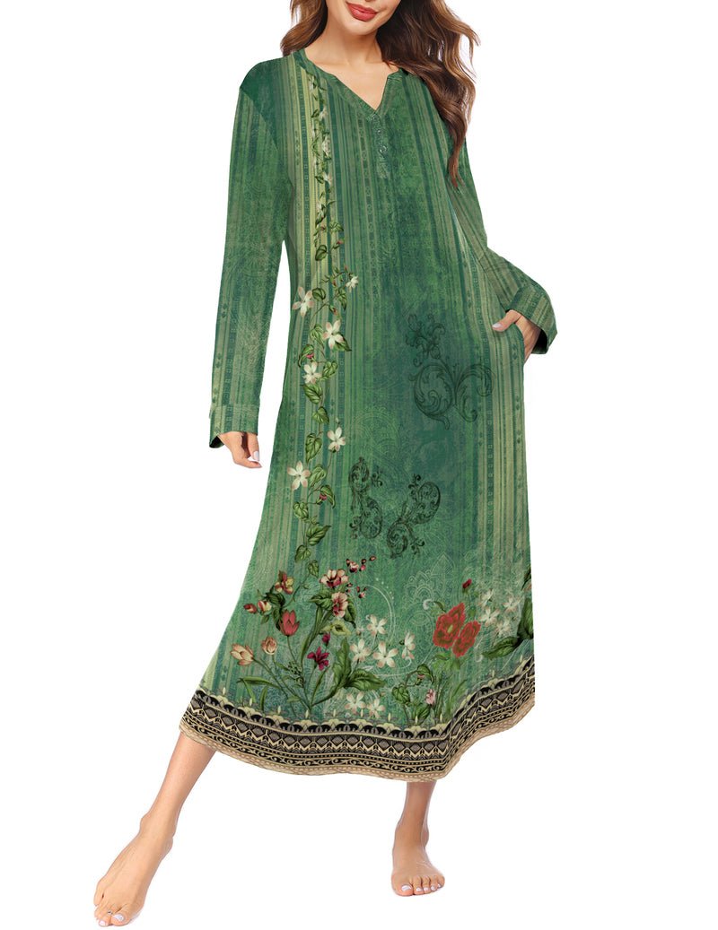 Green button V-neck nightshirt with floral print and side pockets, long sleeves