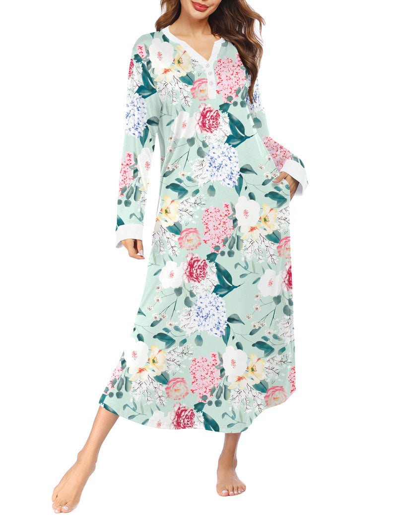 Light blue floral full-length button V-neck sleepshirt with long sleeves