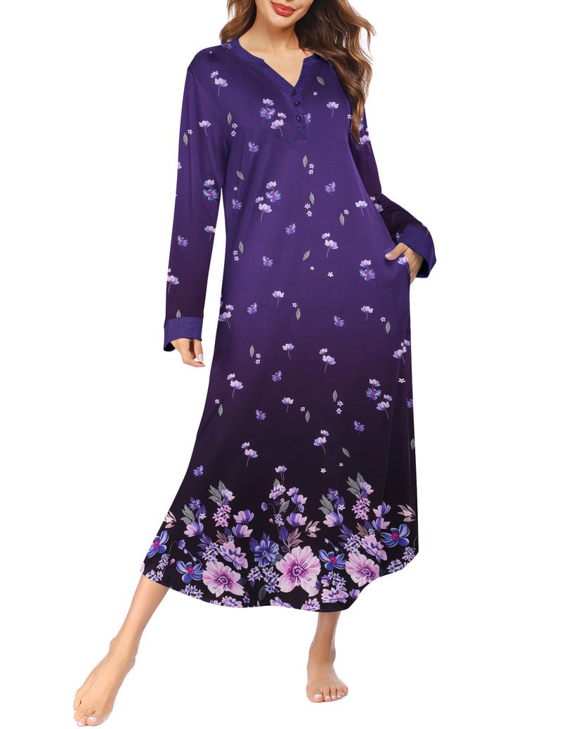 Purple V-neck button nightshirt, long sleeve, full length, small floral print
