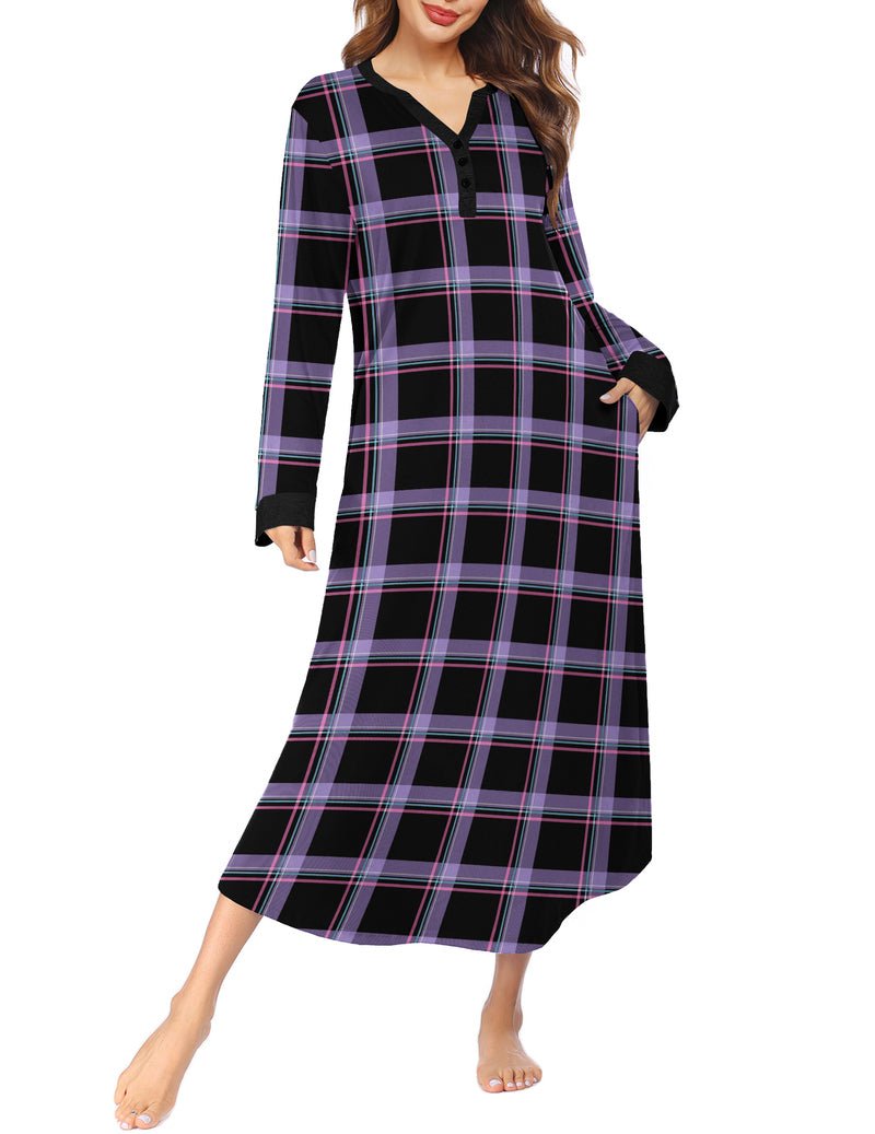 Full-length button V-neck nightshirt in black with purple plaid pattern