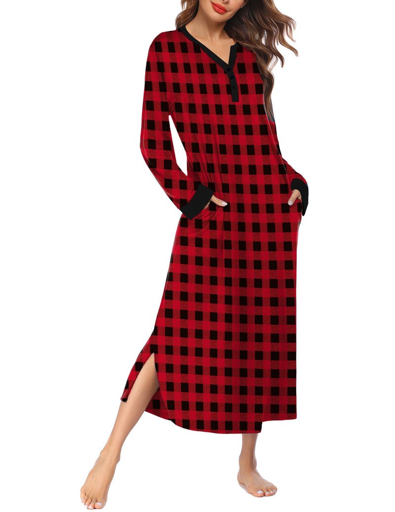 Red and black buffalo plaid button V-neck nightshirt with long sleeves, side pockets