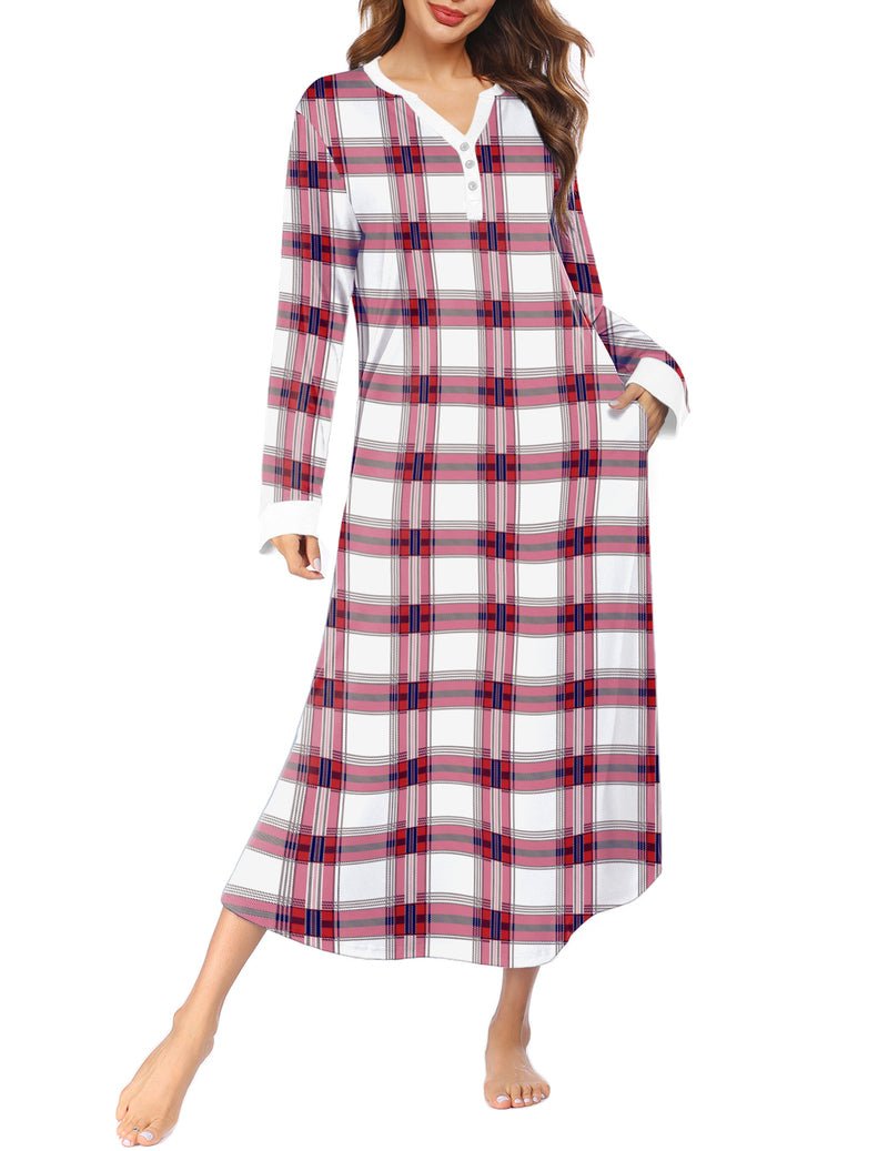 White button V-neck nightshirt with red blue plaid pattern, long sleeves, side pockets