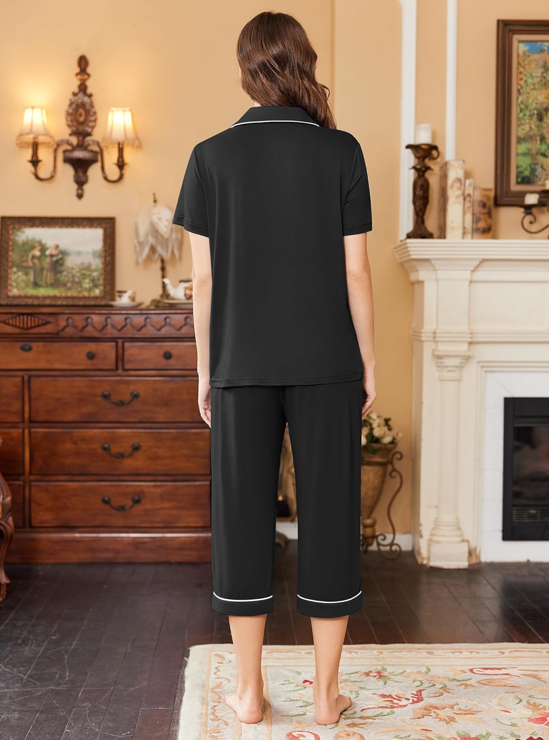 Back view black capri pajama set: short-sleeve button shirt with cropped pants