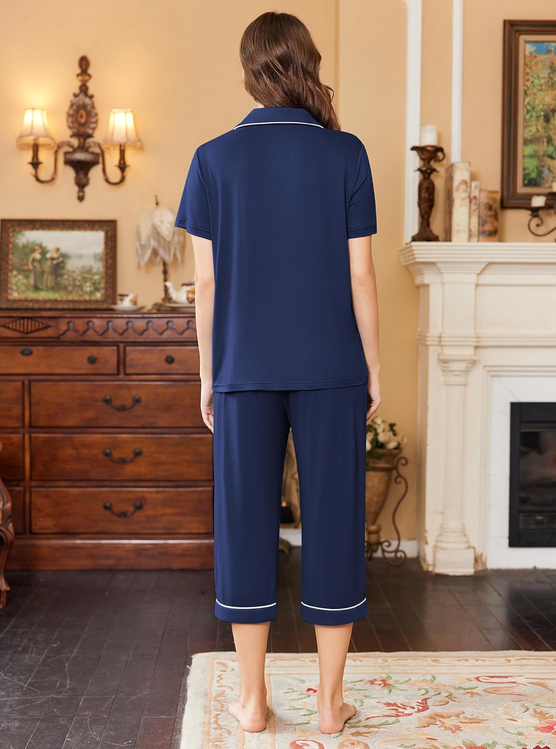 Women’s short-sleeve pajama set, navy blue; back view with capri pants and trim