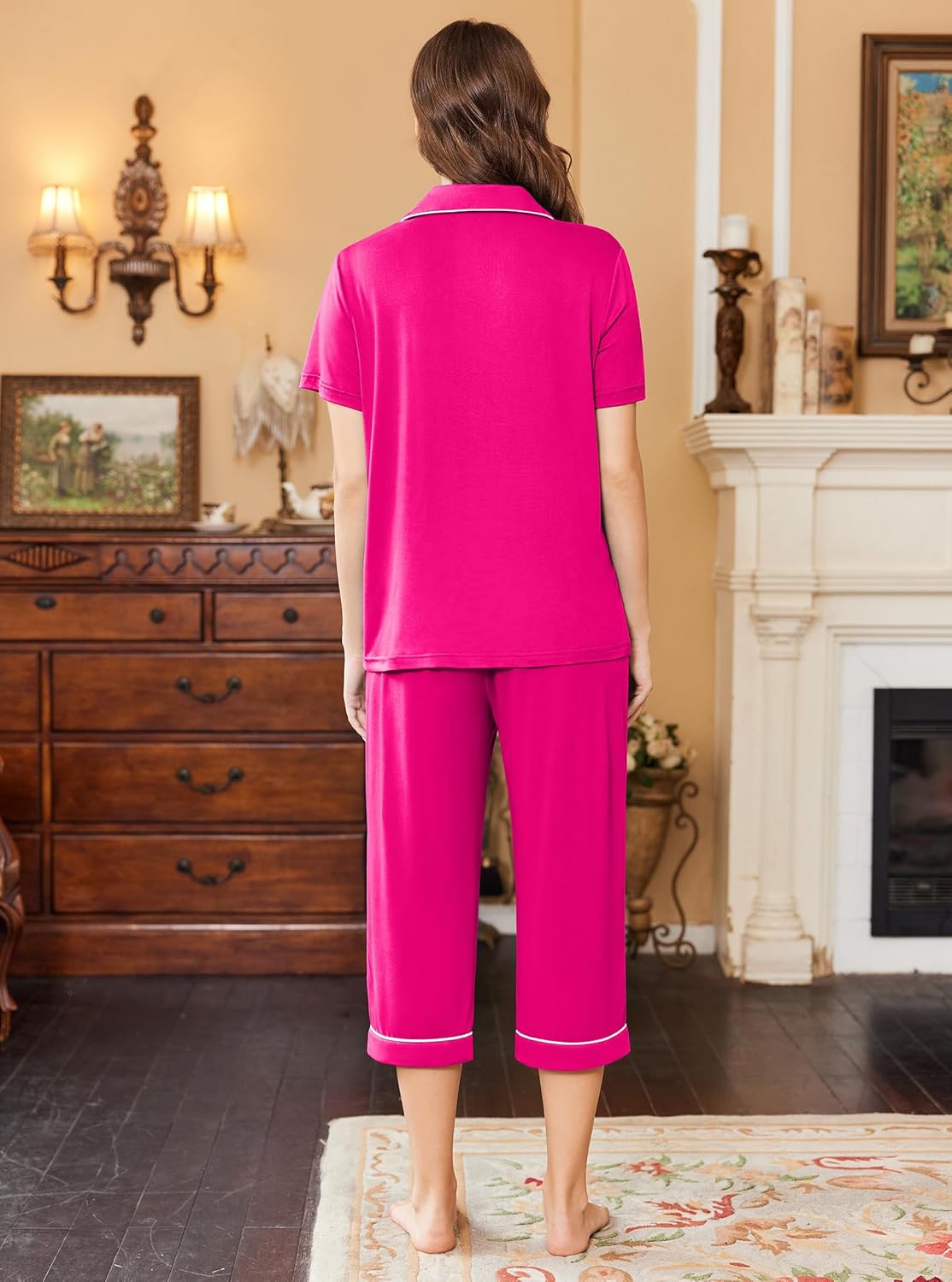 Back view rose red capri pajama set: short-sleeve top and cropped pants