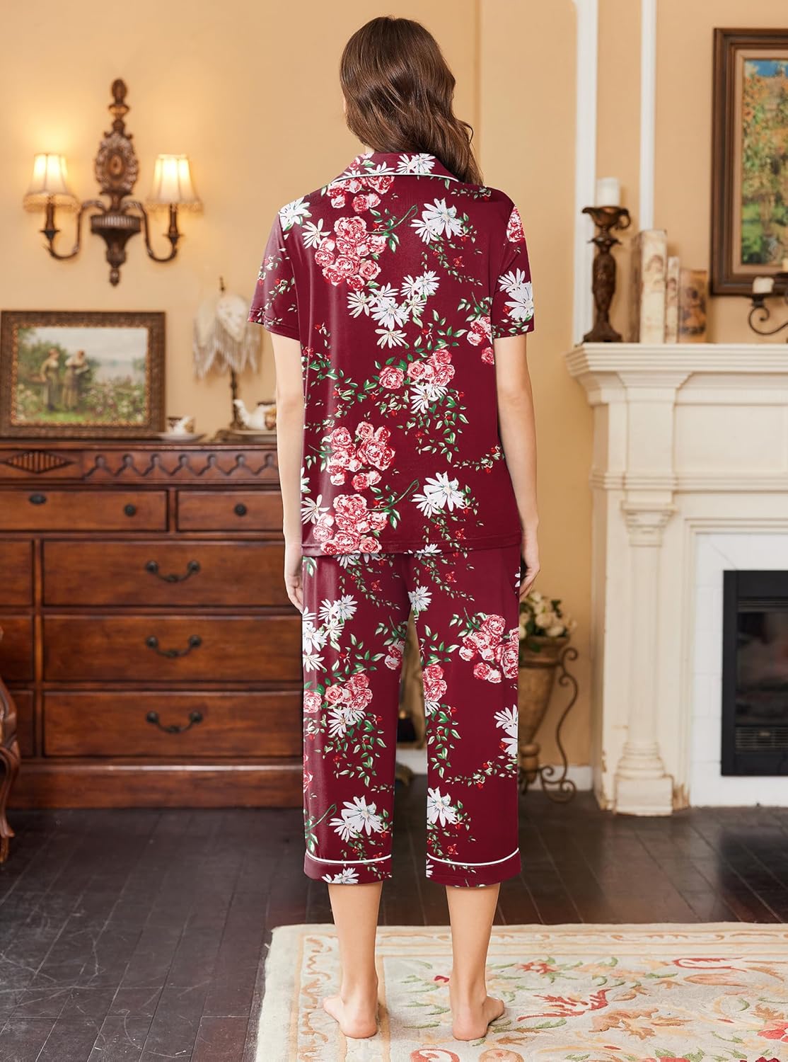 Burgundy floral capri pajama set, back view; short-sleeve button top and capris