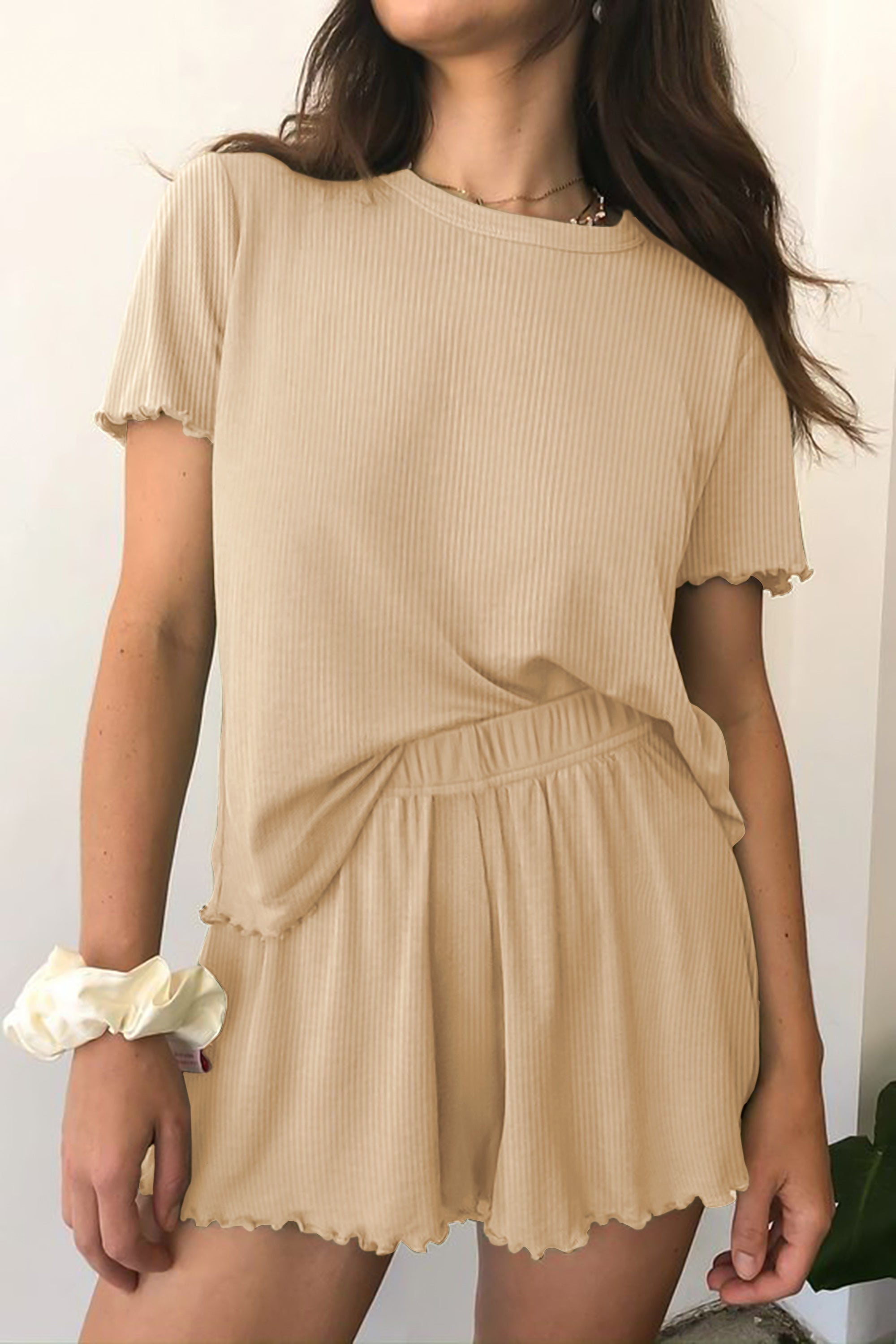 Ribbed knit pajama set in beige, short-sleeve top and elastic-waist shorts