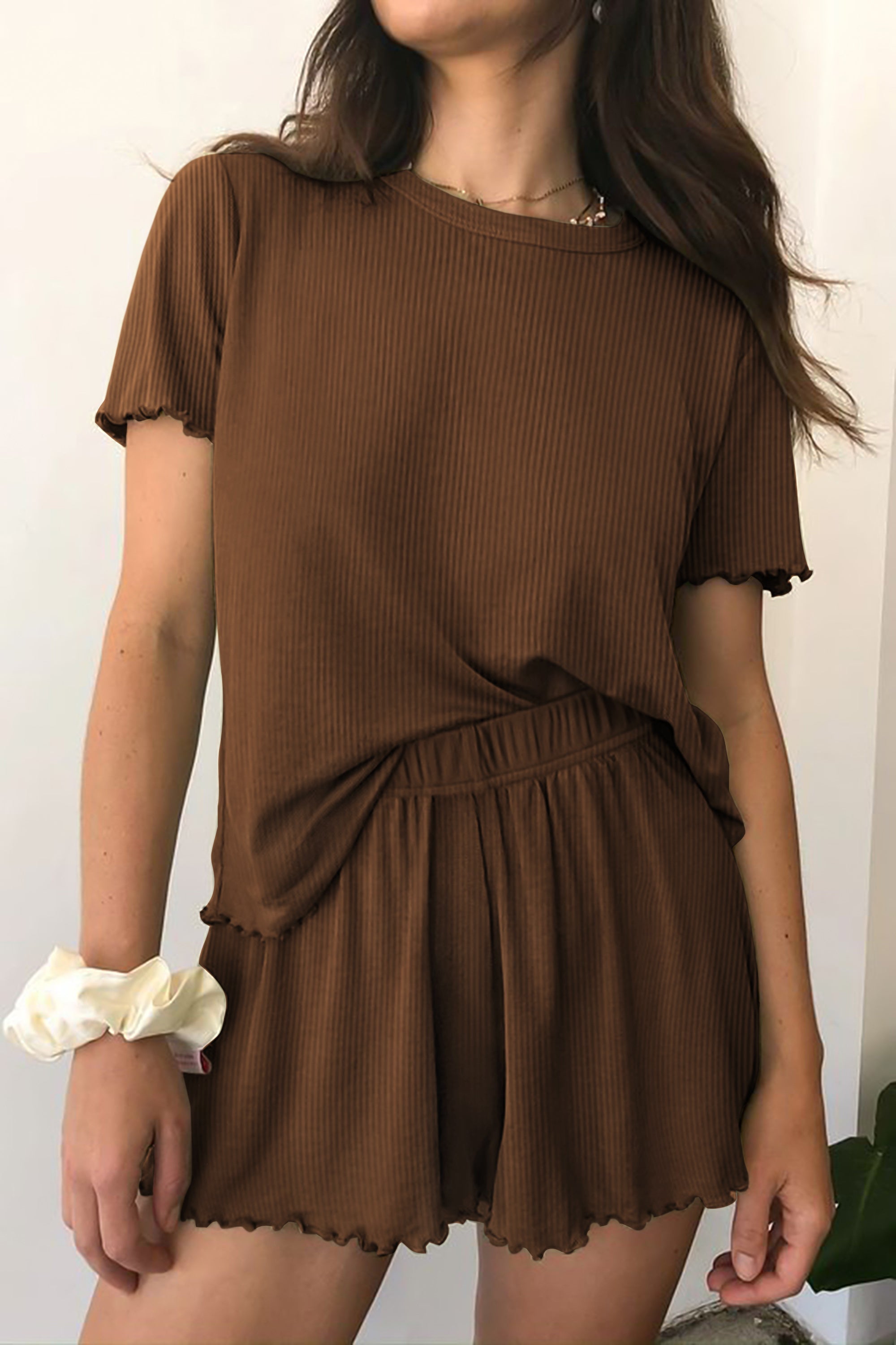 Ribbed knit pajama set in brown, short-sleeve top and matching elastic-waist shorts