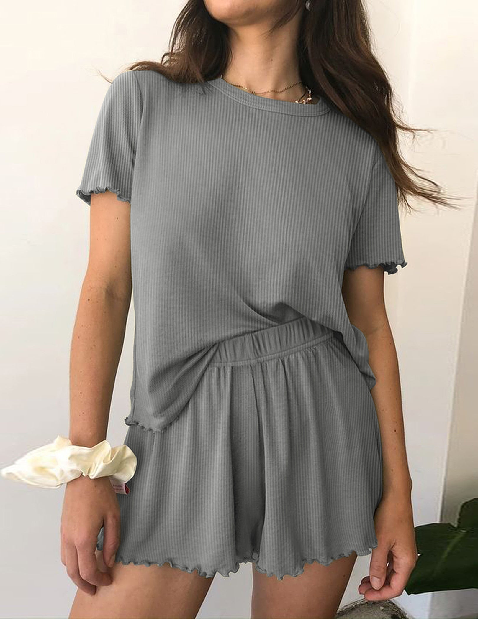 Ribbed knit pajama set in gray, short-sleeve top and matching elastic-waist shorts