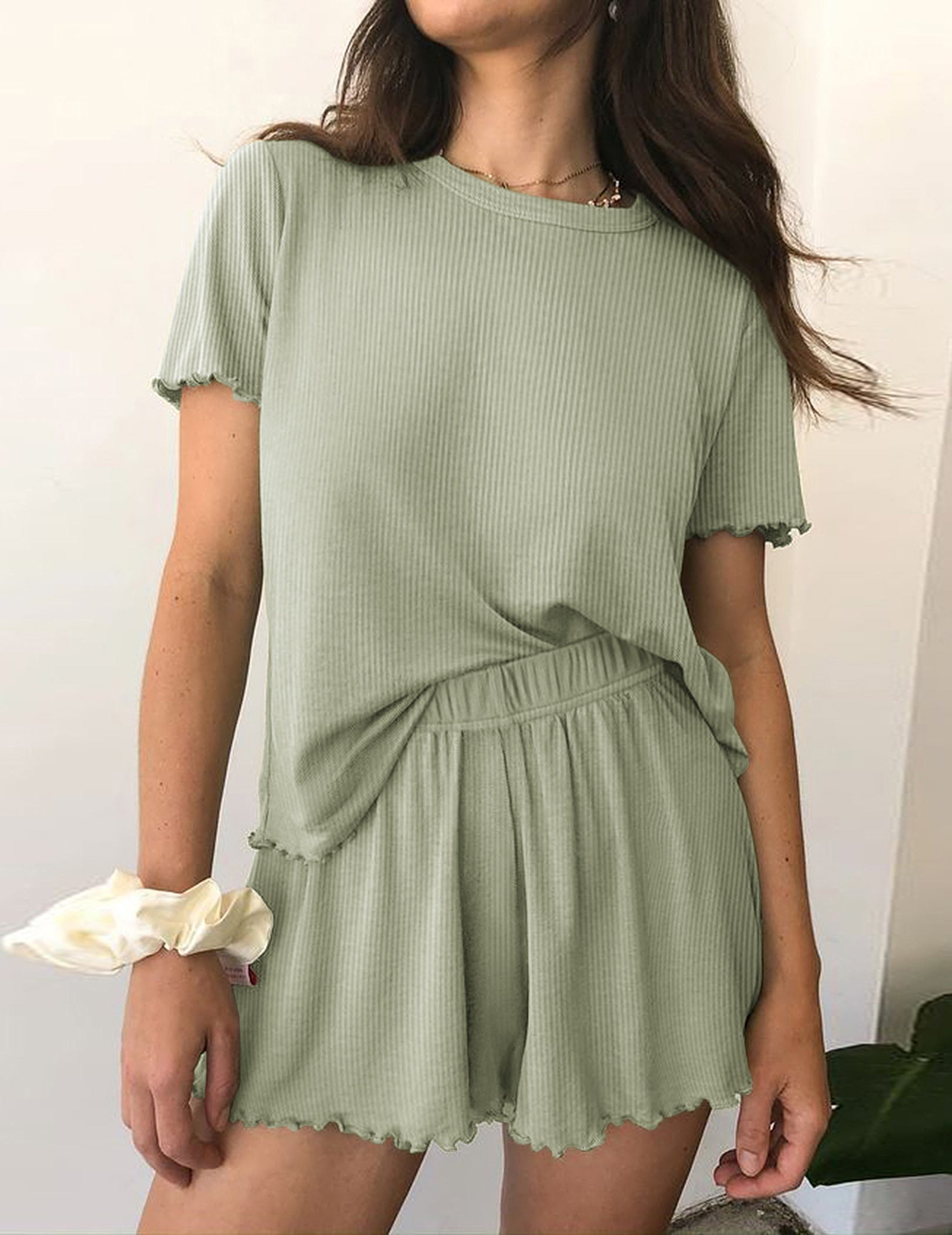 Sage green ribbed knit pajama set, short-sleeve crew top and elastic-waist shorts