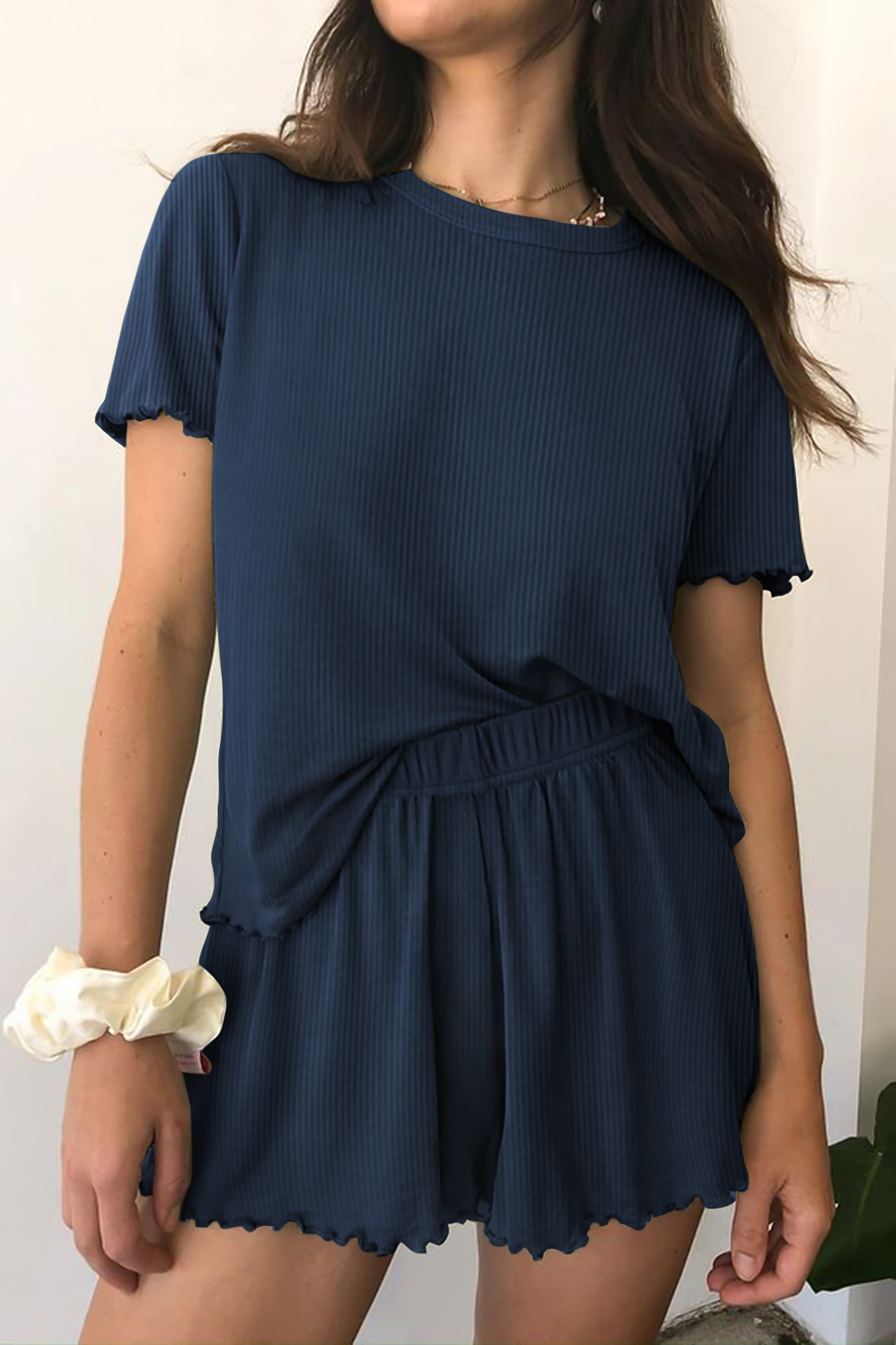 Ribbed knit pajama set in navy, short-sleeve top and matching elastic-waist shorts