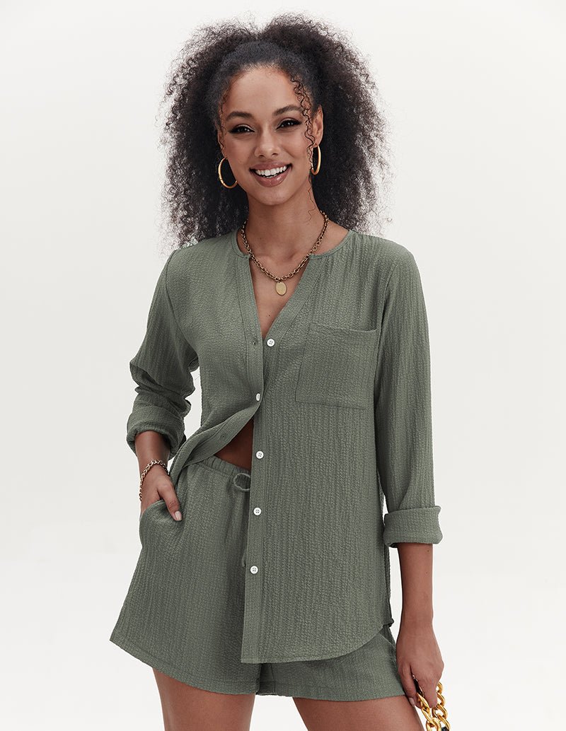 Army green bubble crepe 2-piece set: V-neck button shirt and drawstring shorts