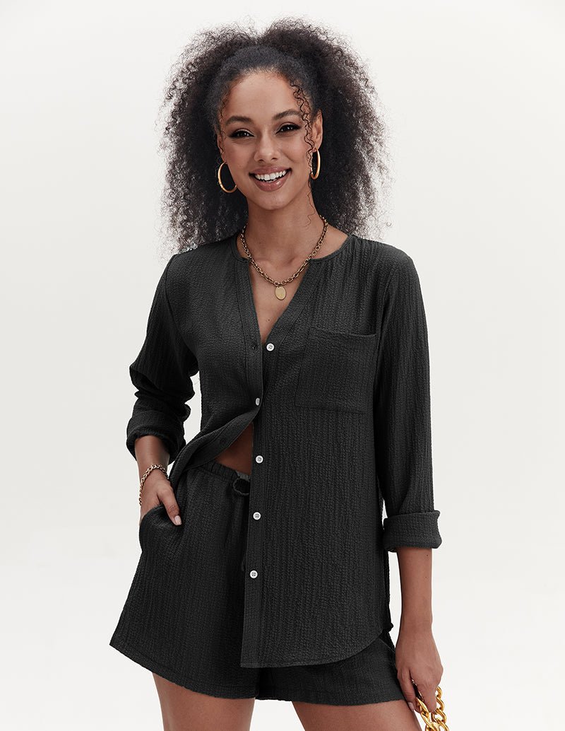 Black bubble crepe 2-piece set with button shirt and drawstring shorts