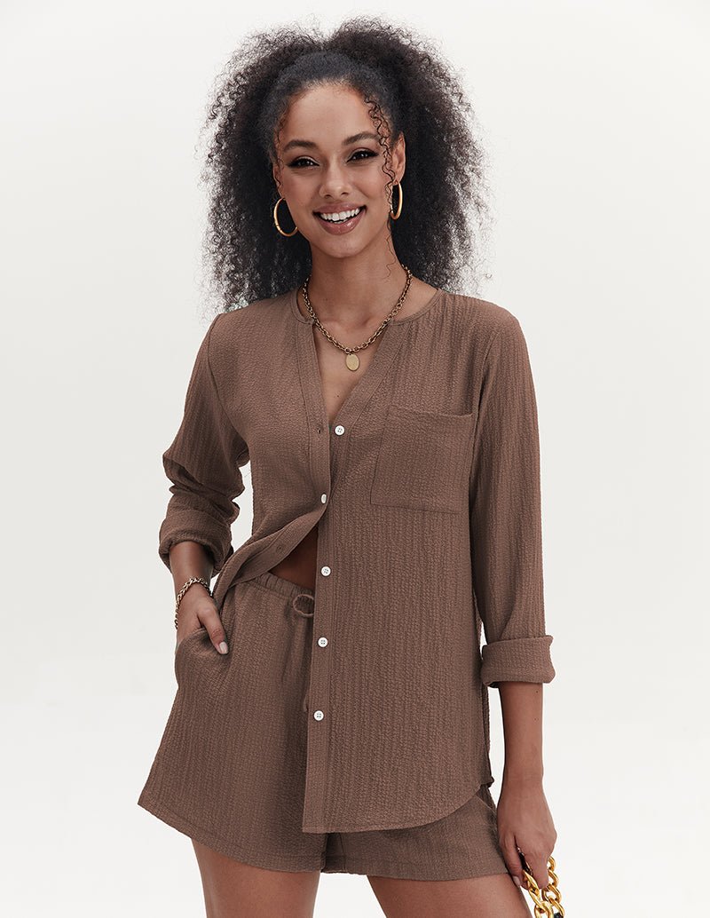 Brown bubble crepe 2-piece set with button shirt and drawstring shorts
