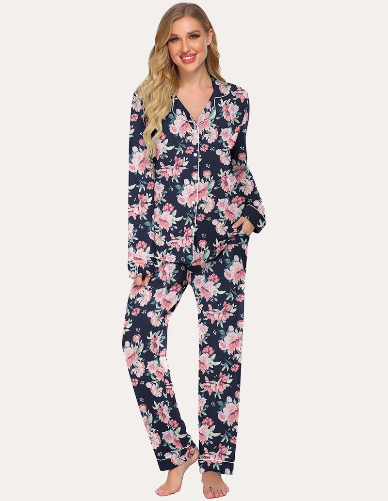 Navy floral button-down lounge shirt and matching floral pants set, long sleeves.