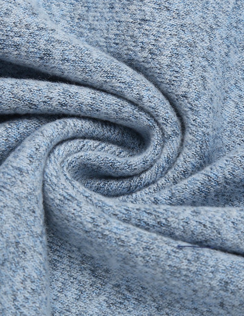 Light blue textured knit fabric close-up for button-down lounge shirt and pants.