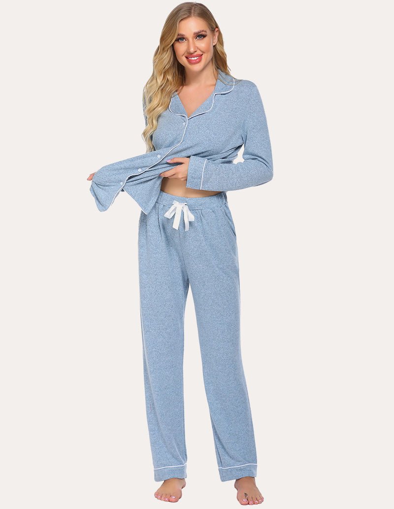 Light blue lounge set: button-front shirt with drawstring waist pants, long sleeves.