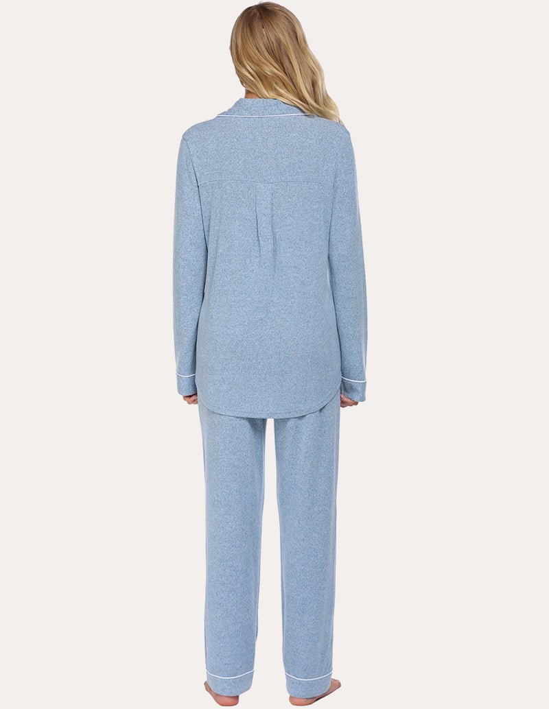 Light blue button-down loungewear set, long-sleeve shirt and straight-leg pants, back view.
