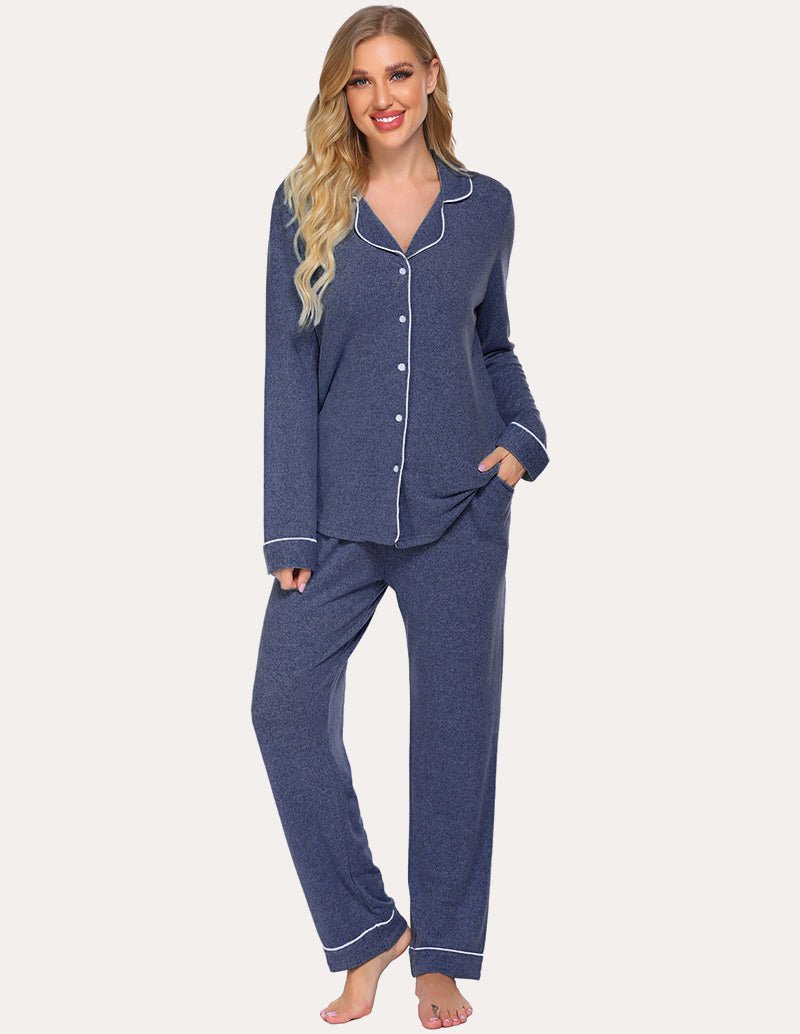 Dark blue button-down lounge shirt and matching pants set, long sleeves, open collar.