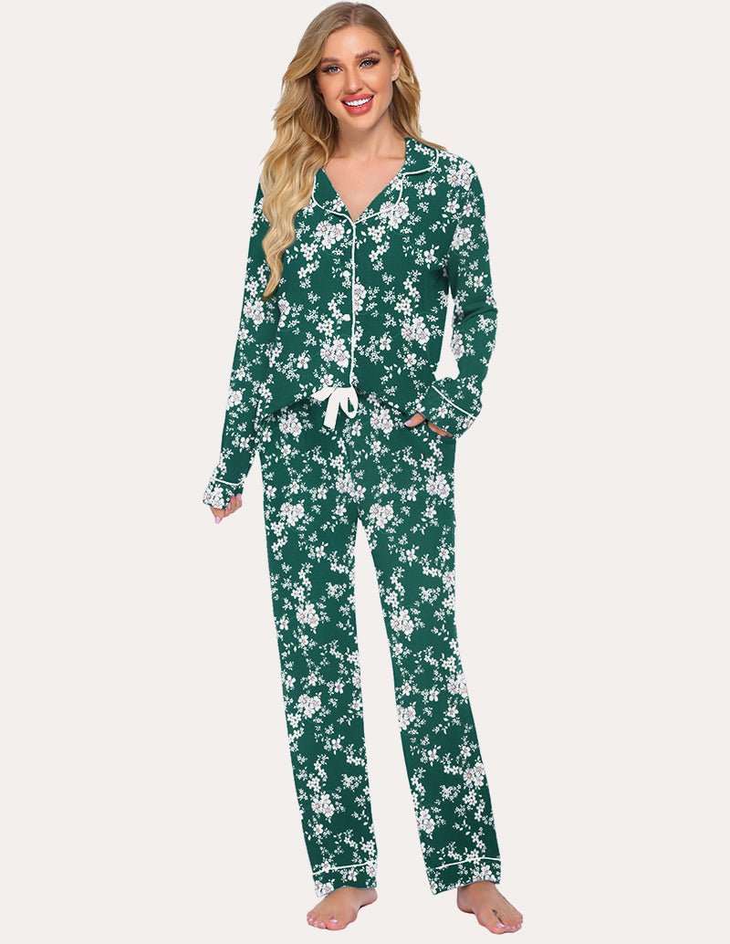 Women's green floral button-down loungewear set with matching jogger pants