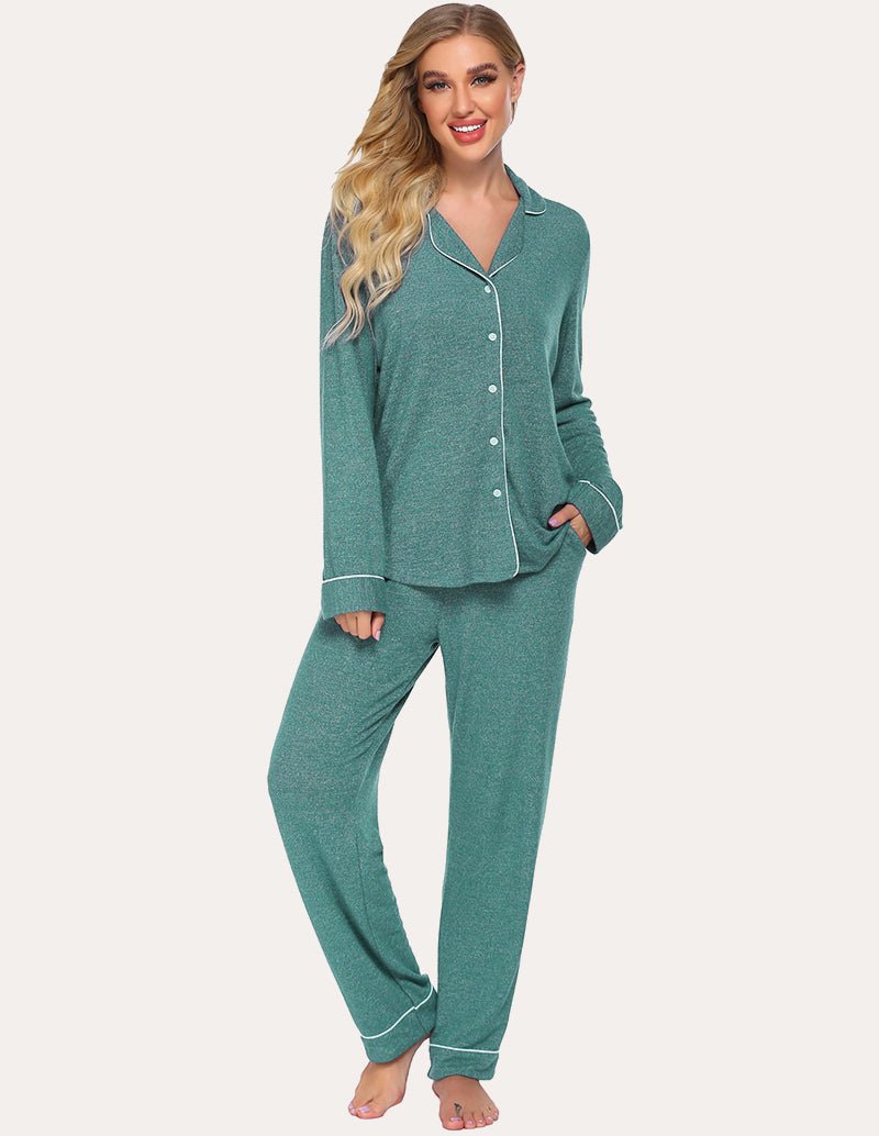 Teal button-down lounge shirt with matching pants set, long sleeves, button front.