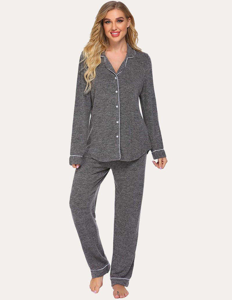Women's dark gray button-down loungewear set with matching jogger pants