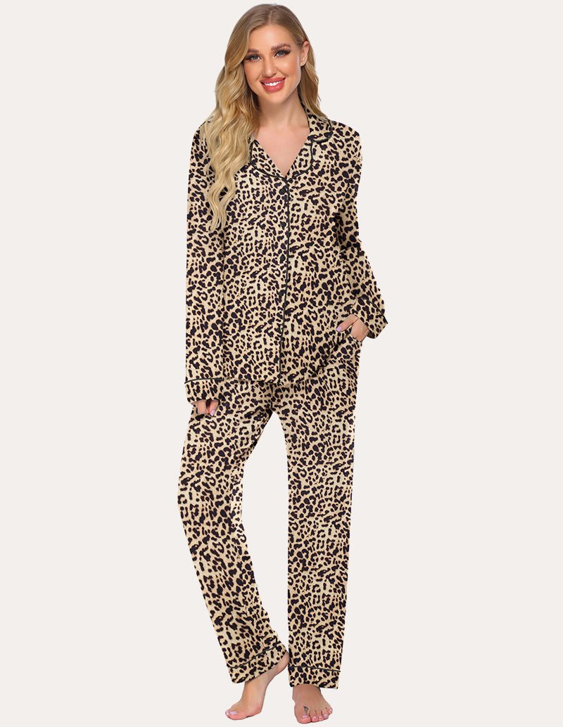 Women's leopard print button-down loungewear set with matching jogger pants