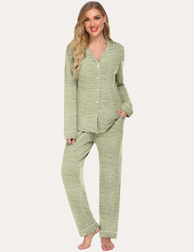Light green button-down lounge shirt and matching pants set, long sleeves, textured knit.