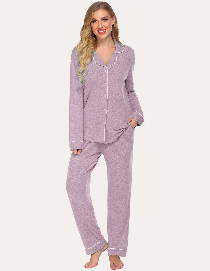 Women's light purple button-down loungewear set with matching jogger pants