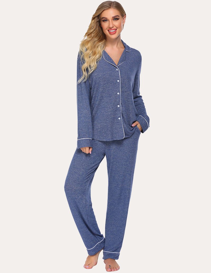 Women's blue button-down loungewear set with matching jogger pants