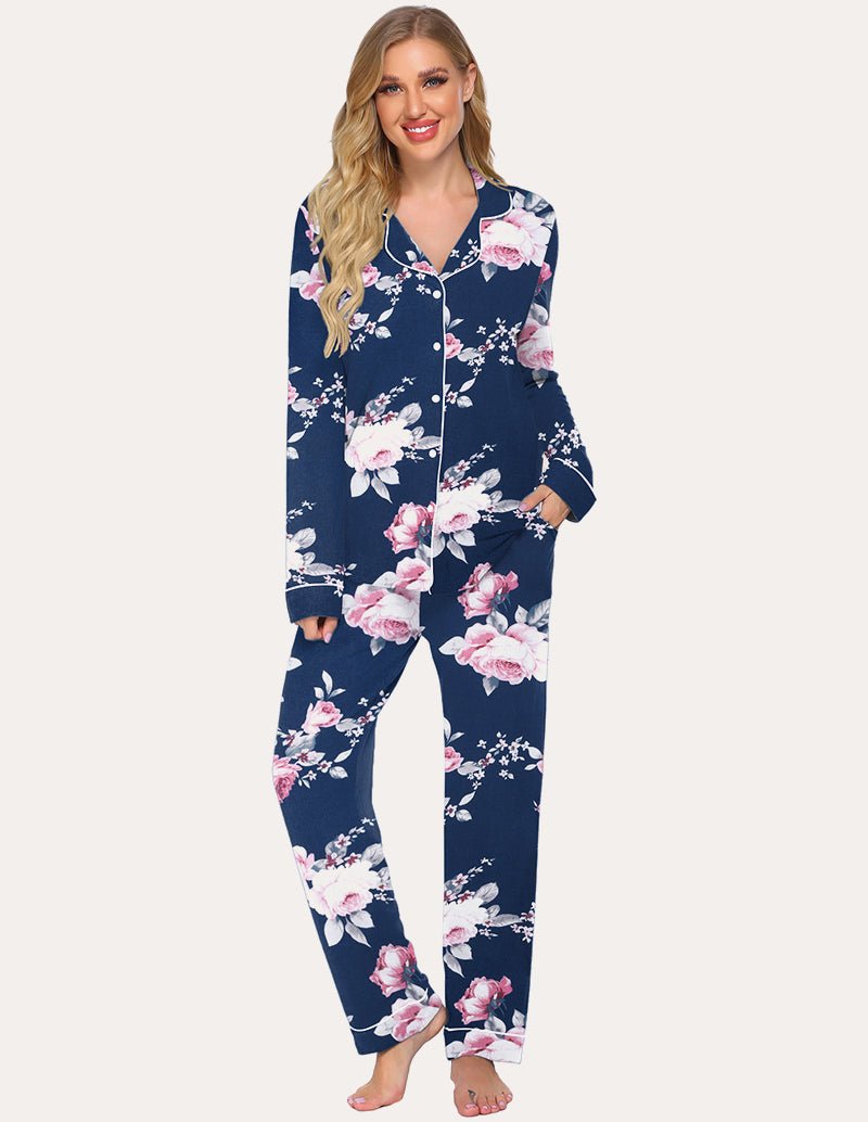 Women's navy floral button-down loungewear set with matching jogger pants