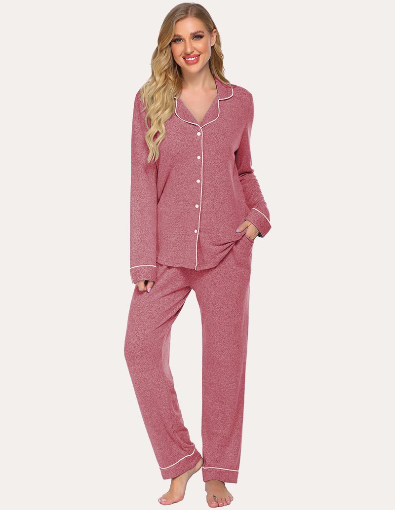Dusty pink button-down lounge shirt and matching pants set, long sleeves, button front.