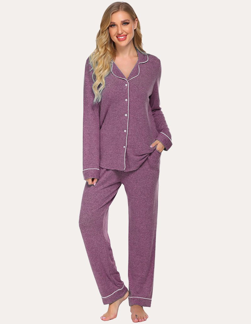 Women's purple button-down loungewear set with matching jogger pants