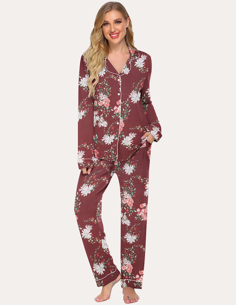 Women's burgundy floral button-down loungewear set with matching jogger pants