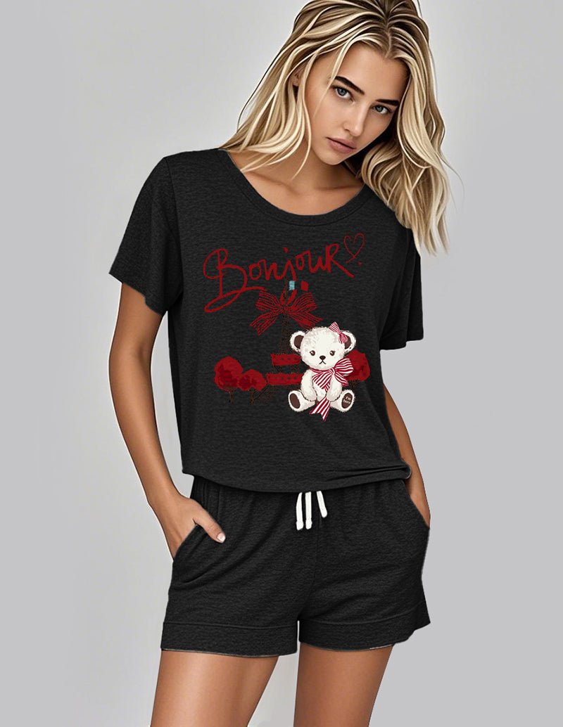 Black teddy print t-shirt and shorts set, crew neck with elastic waistband