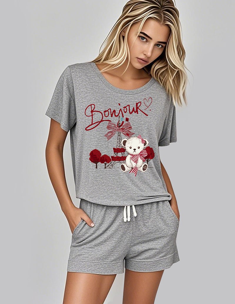 Gray teddy print t-shirt and shorts set, crew neck with elastic waistband
