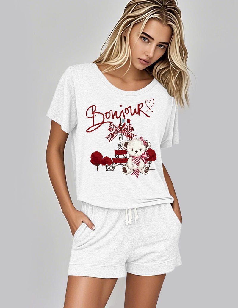 White teddy print t-shirt and shorts set, crew neck with elastic waistband