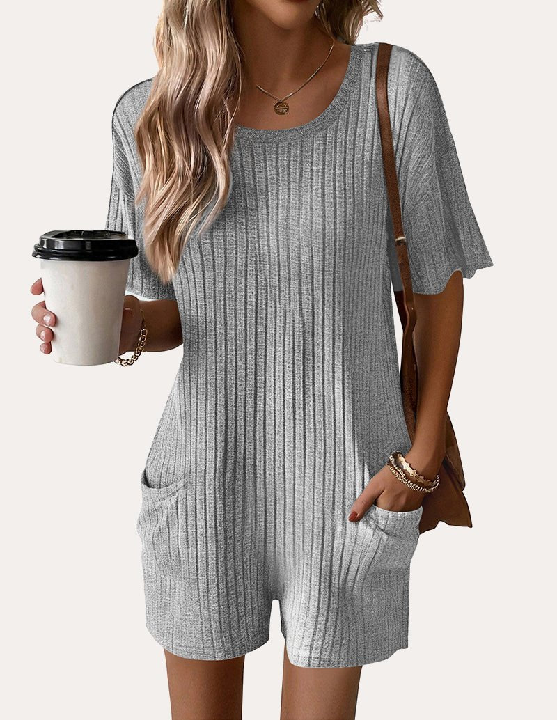 Casual Elastic Ribbed Tee Romper (US Only)